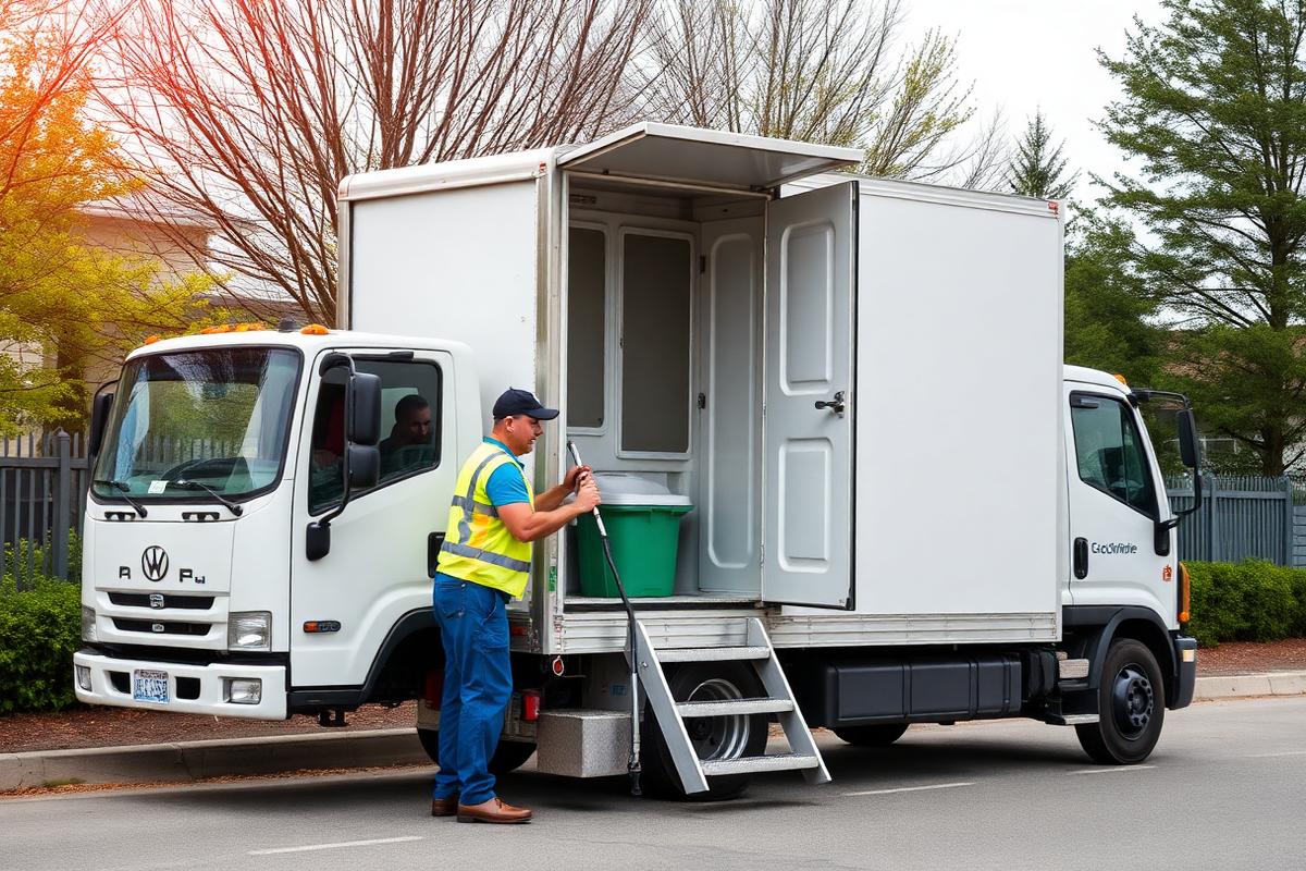 Service truck delivering portable toilets across Northwest Arkansas