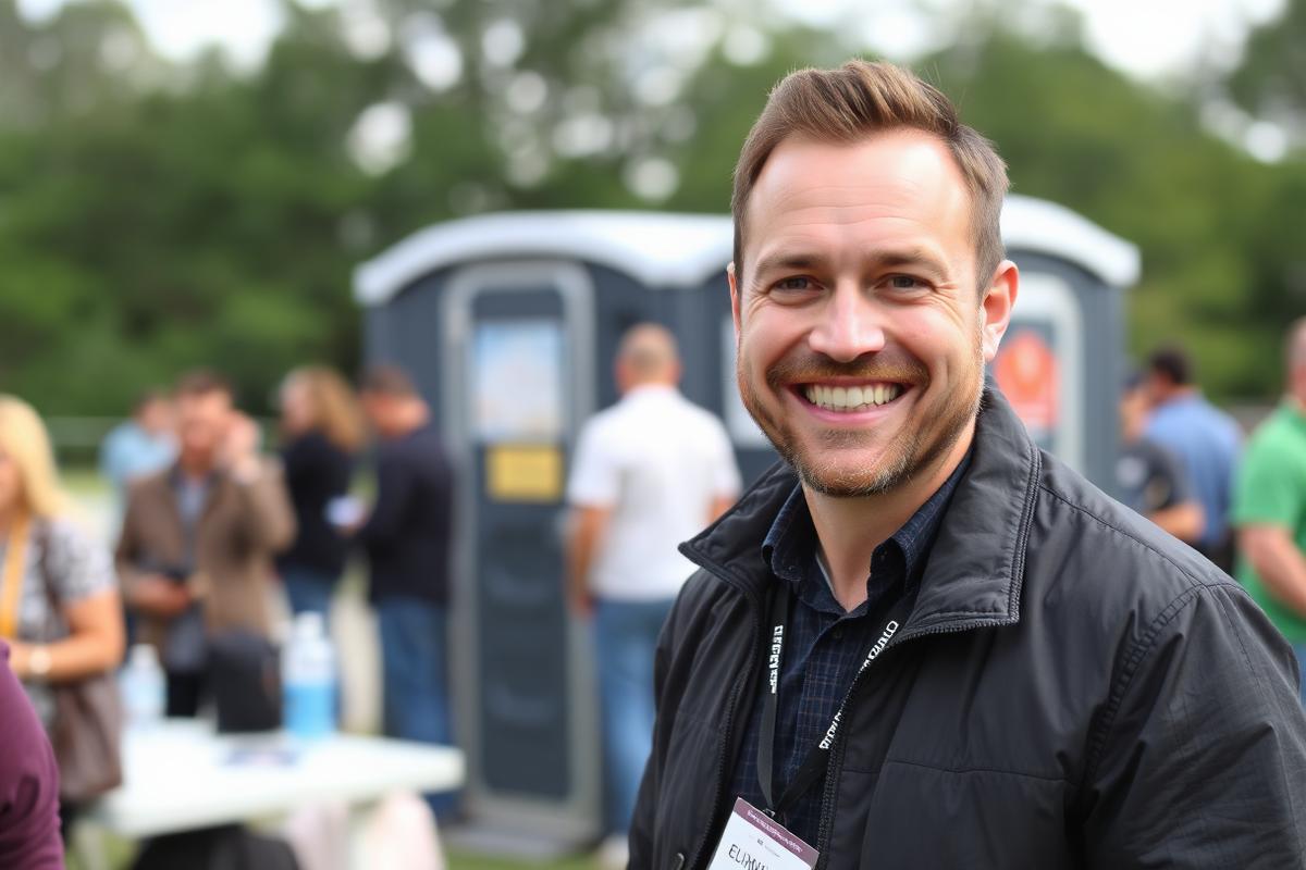 Happy customer at outdoor event with portable restrooms